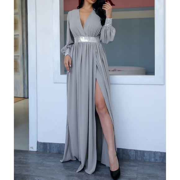 Grey Plunge Silver Contrast Wrap Gown Maxi Dress - Picture 3 of 6